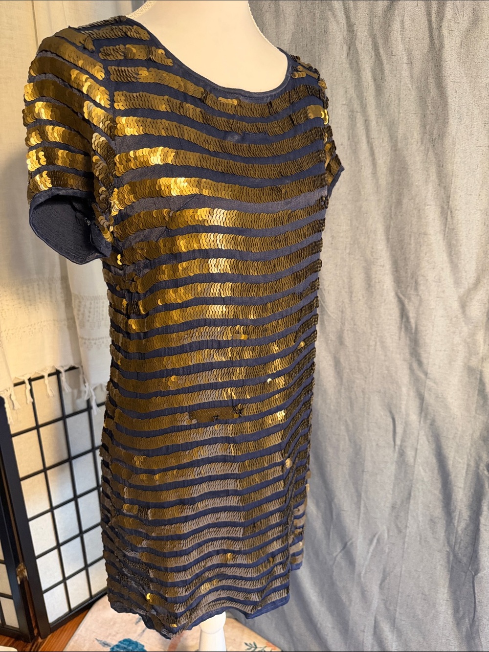 French Connection Navy and Gold Sequin Mini Dress